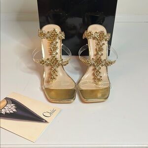 Chic Gold Strappy Heels with Rhinestone Embellishments